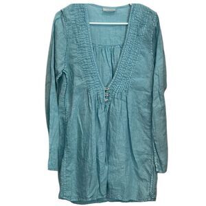 Homefrocks blue linen shirt blouse - Pintucks and open front extra small-New!